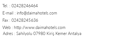 Daima Resort Hotel telefon numaralar, faks, e-mail, posta adresi ve iletiim bilgileri